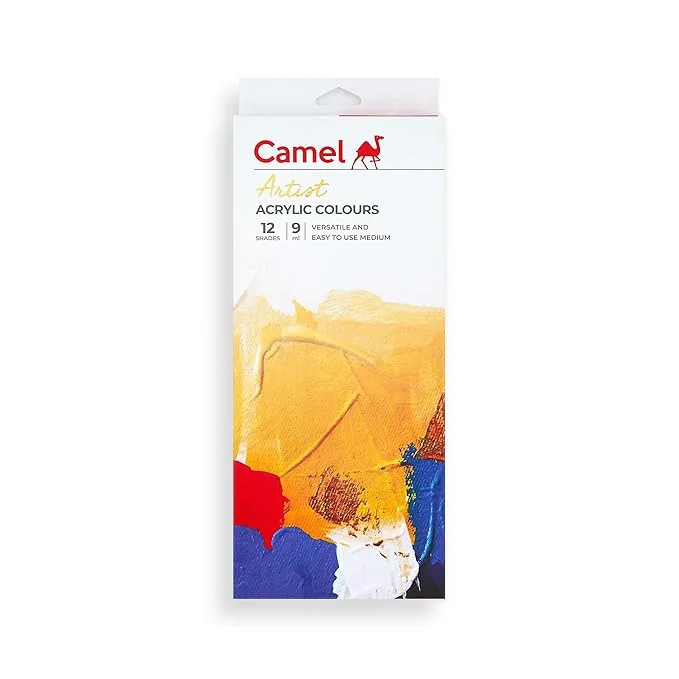 Vibrant Camel Acrylic Colours – 12 Rich Shades Set of Camel Acrylic Colours with 12 rich shades in 9 ml tubes