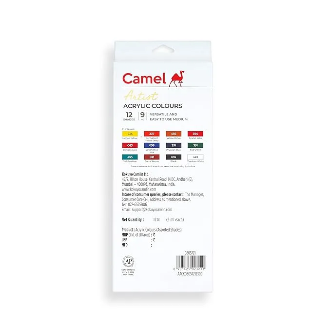 12-shade Camel Acrylic Colours in compact 9 ml tubes