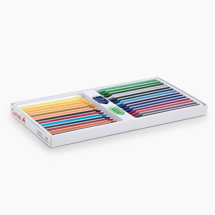 Camlin Plastic Crayons showcasing vibrant and smooth crayons for children and artists.