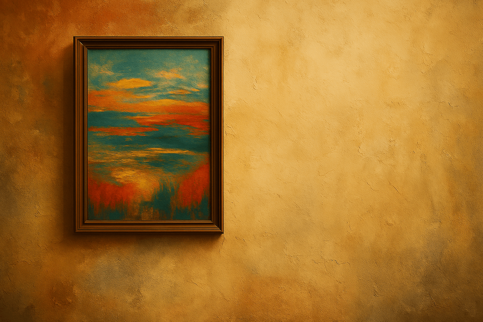 Framed abstract painting on rustic fading wall symbolizing timeless colours and artistic endurance.