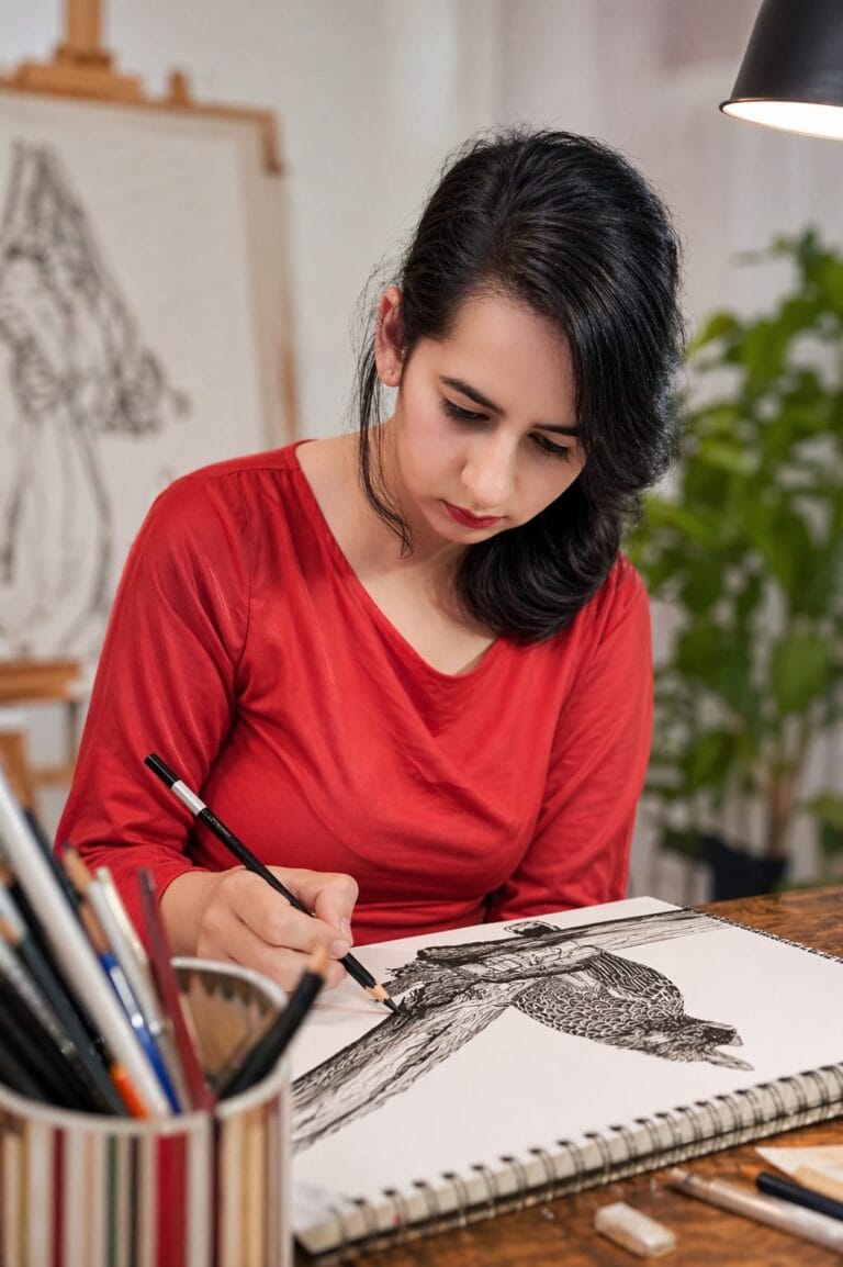 Artist sketching a bird using pencil in a cozy studio space